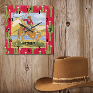 Vintage Western Cowboy Rodeo Kunst Wildwest-Thema Quadratische Wanduhr