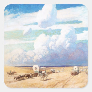 Vintage Western Cowboys, Planwagen von Wyeth Quadratischer Aufkleber