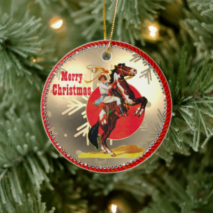 Vintage Western-Cowgirl auf aufbäumendem Pferd Keramik Ornament