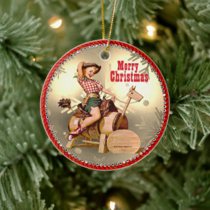 Vintage Western Cowgirl auf hölzernem Pferd Keramik Ornament