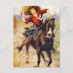 Vintage Western-Cowgirl auf Pferd Postkarte