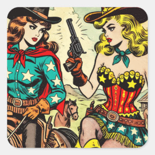 Vintage Western-Cowgirl-Comics Quadratischer Aufkleber