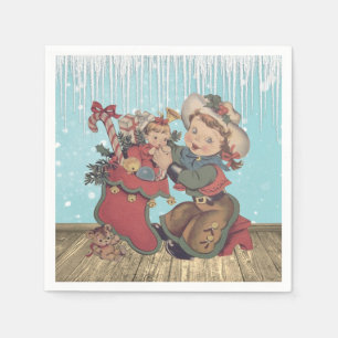 Vintage Western Cowgirl Kind und Weihnachtsstrumpf Serviette