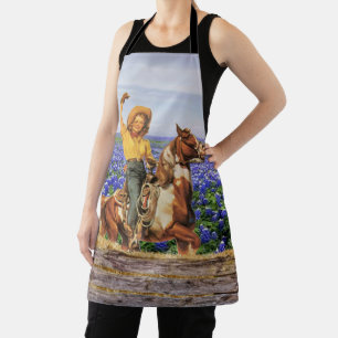 Vintage Western Cowgirl On Horse Waving (M) Schürz Schürze