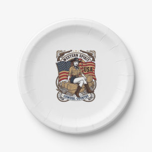 Vintage Western Cowgirl Patriotisches Hemd Design_ Pappteller