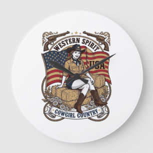 Vintage Western Cowgirl Patriotisches Shirt Design Große Wanduhr