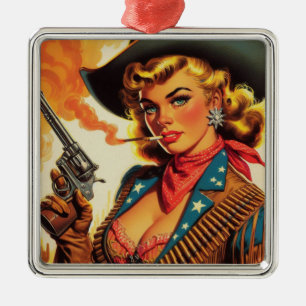 Vintage Western Cowgirl Pin Up Ornament Aus Metall