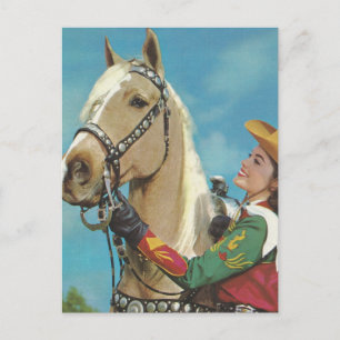 Vintage Western Cowgirl und Palomino-Pferd Postkarte