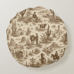 Vintage Western Desert Toile Nahtloses Muster Rundes Kissen