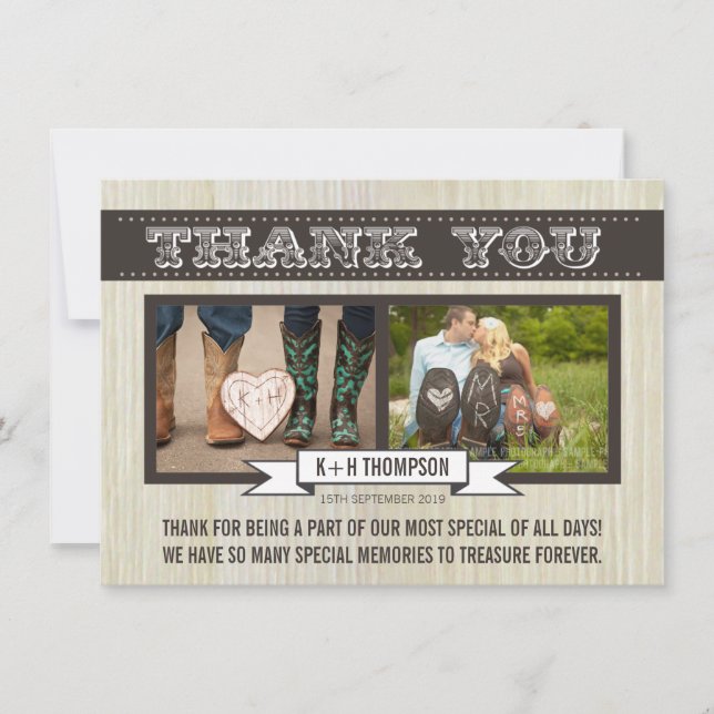 Vintage Western-Hochzeit danken Ihnen Foto-Karten Dankeskarte (Vorderseite)