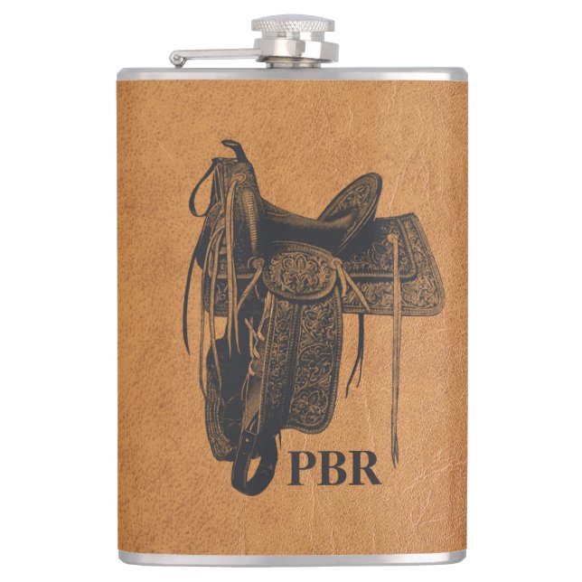 Vintage Western-Pferdesattel-Monogramm Flachmann (Vorderseite)