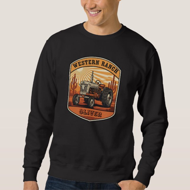 Vintage Western-Ranch-Traktor Wüstenuntergang Sweatshirt (Vorderseite)
