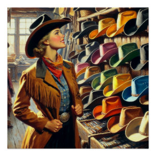 Vintage Western Retro Cowgirl beim Kauf von Hüten  Poster