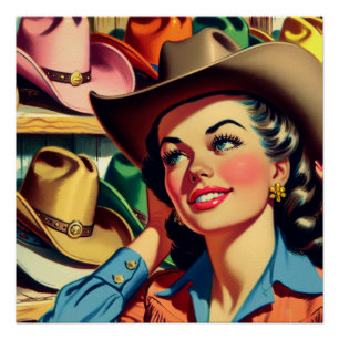 Vintage Western Retro Cowgirl beim Kauf von Hüten Poster