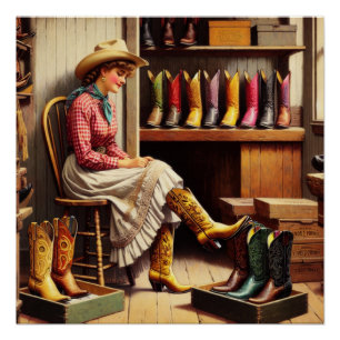 Vintage Western Retro Cowgirl Stiefel Einkaufen  Poster