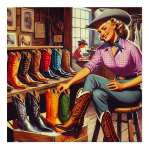 Vintage Western Retro Cowgirl Stiefel Einkaufen Poster