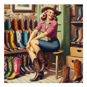 Vintage Western Retro Cowgirl Stiefel Shopping Poster