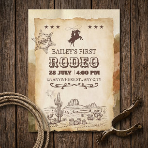 Vintage Western Rodeo Pergament Erste Geburtstagsf Einladung