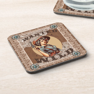 Vintage Western Wanted und wilde Cowgirl Getränkeuntersetzer