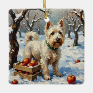 Vintage Westie im schneebedeckten Winterapfelgarte Keramikornament