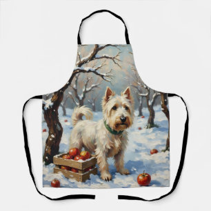 Vintage Westie im schneebedeckten Wintergarten zu Schürze