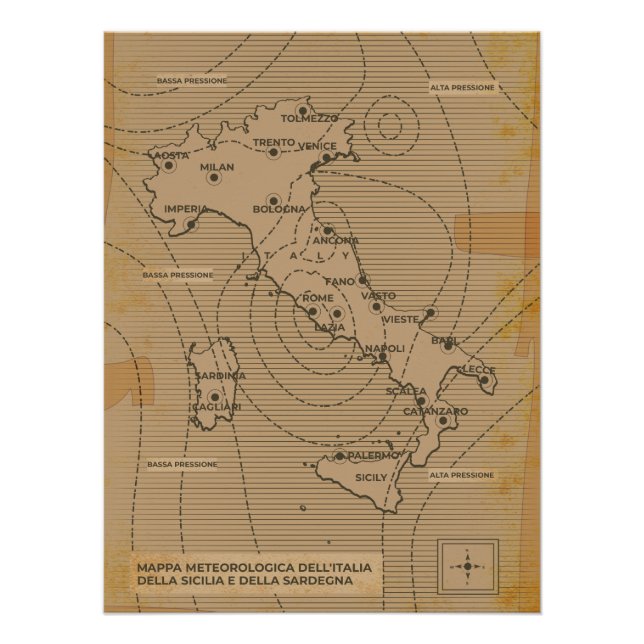 Vintage Wetterkarte Italiens, Siziliens und Sardin Poster (Vorderseite)