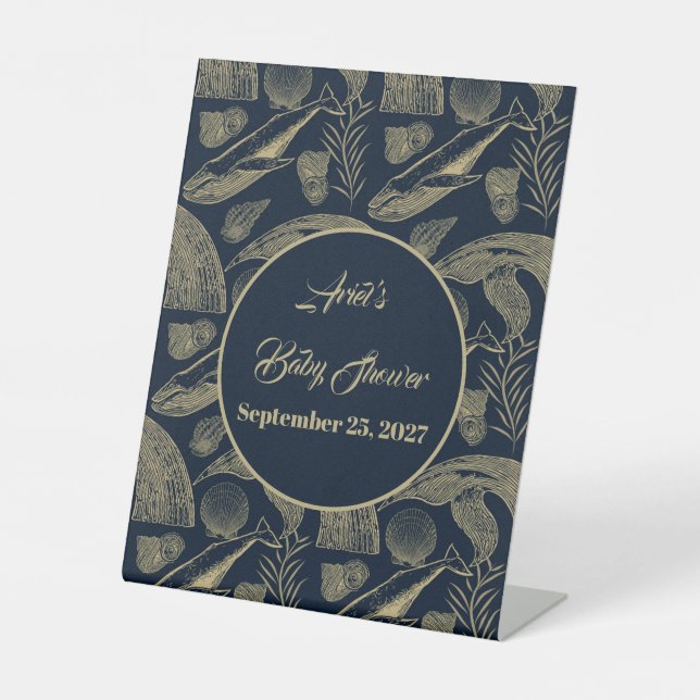 Vintage Whale Blue Baby Dusche Sockelschild (Vorderseite)