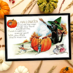 Vintage Whimsical Black Cat Hexe & Mäuse Halloween Karte