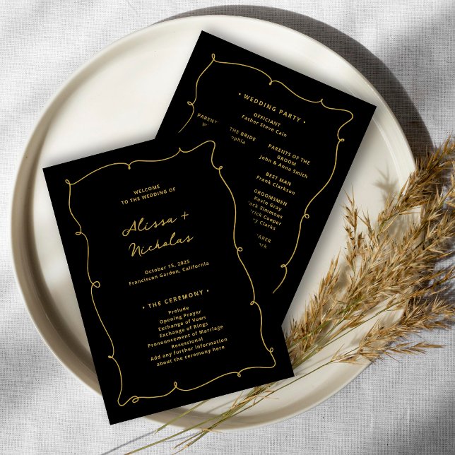 Vintage Whimsical Elegante Black and Gold Hochzeit Programm (Von Creator hochgeladen)