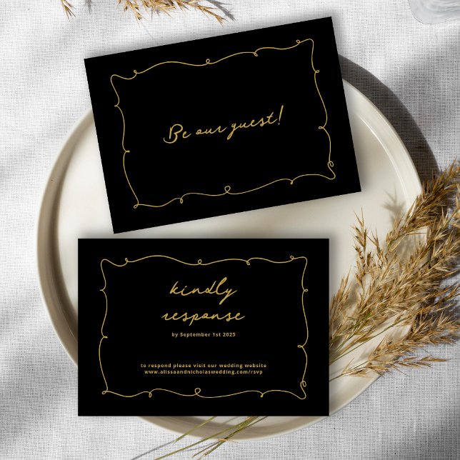 Vintage Whimsical Elegante Black and Gold Hochzeit RSVP Karte (Von Creator hochgeladen)