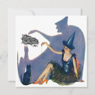 Vintage Whimsical Hexe- und Katzen-Halloween-Party Einladung
