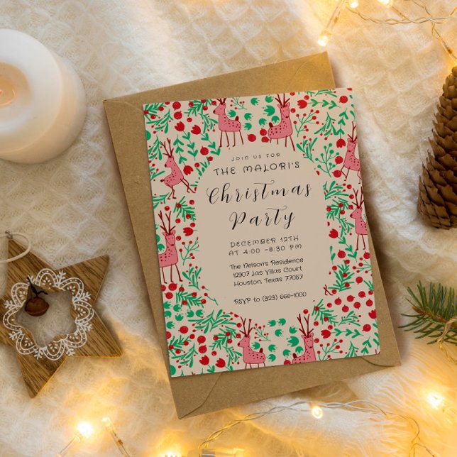 Vintage Whimsical Pink Rentier, Weihnachtsmuster Einladung (Von Creator hochgeladen)