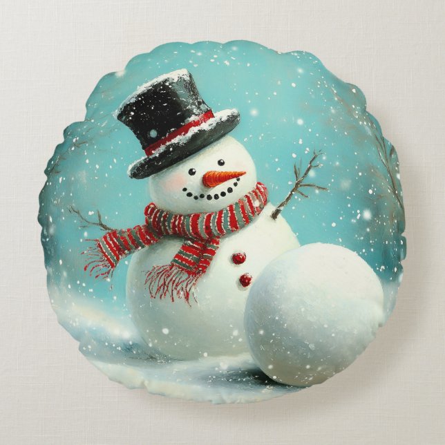 Vintage Whimsical Winter Snowman Joy Rundes Kissen (Vorderseite)