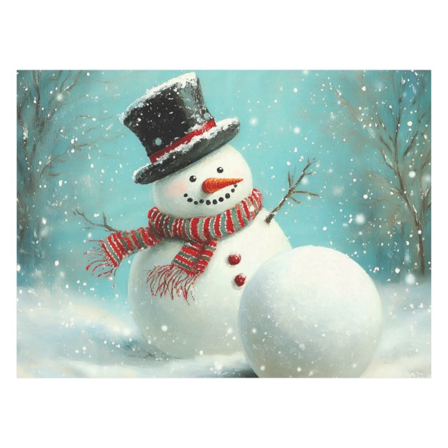 Vintage Whimsical Winter Snowman Joy Tischdecke (Vorderseite (Horizontal))