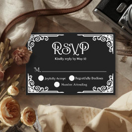  Vintage White Black Wedding  RSVP Karte