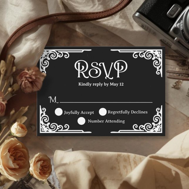  Vintage White Black Wedding  RSVP Karte (Cinematic Vintage White Black Wedding RSVP Card)