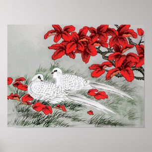 Vintage White Doves and Red Leaves on Gray Poster