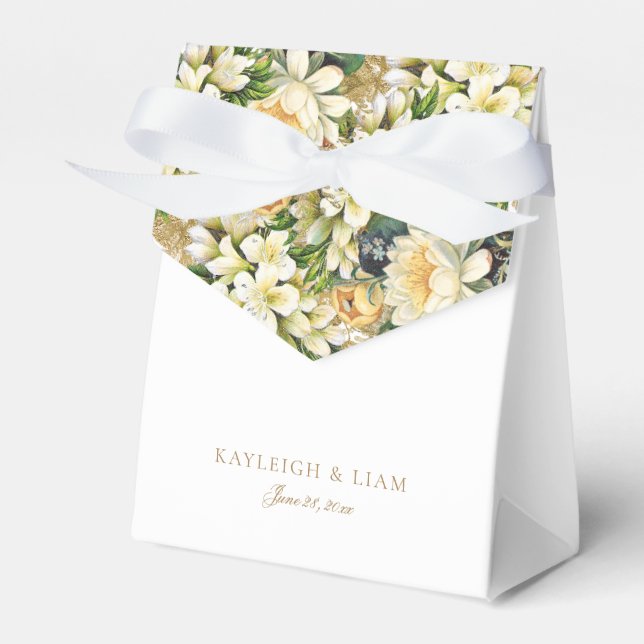 Vintage White Floral Gold Script Hochzeit Geschenkschachtel (Vorderseite)