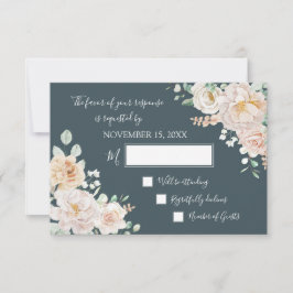 Vintage White Floral Navy Blue Wedding RSVP Karte