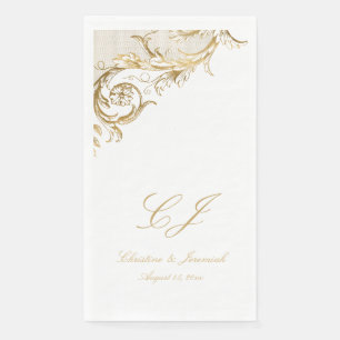 Vintage White Gold Floral Damask Script Hochzeit Serviette