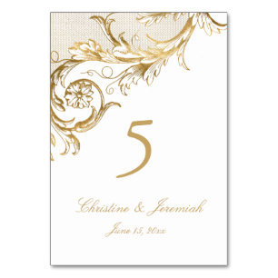 Vintage White Gold Floral Damask Script Hochzeit Tischnummer