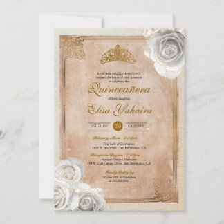 Vintage White & Gold Rose Royal Quinceanera Einladung