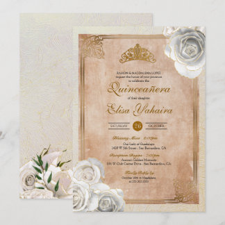 Vintage White & Gold Rose Royal Quinceanera Einladung