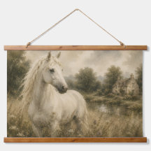 Vintage White Horse Meadow Cottage Wandbehang