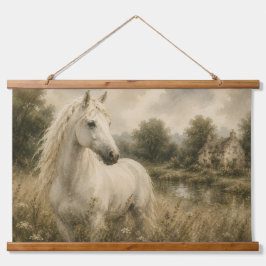 Vintage White Horse Meadow Cottage Wandbehang