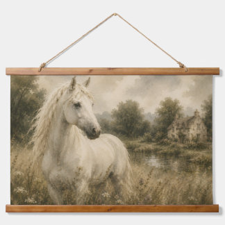 Vintage White Horse Meadow Cottage Wandbehang