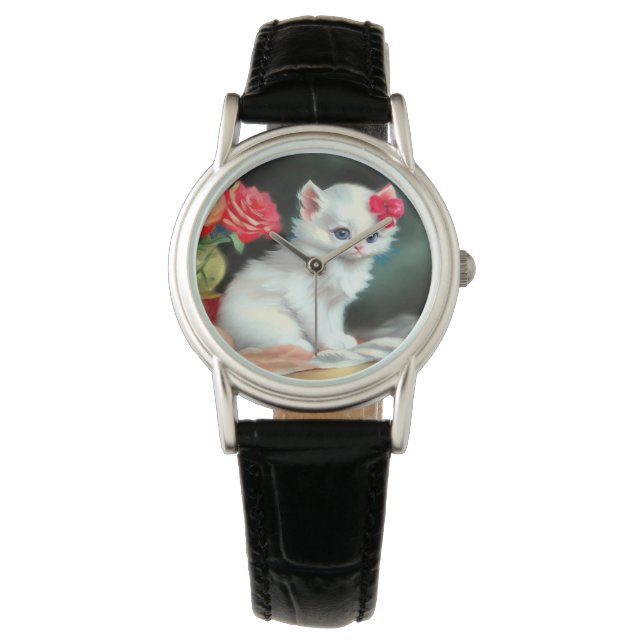 Vintage White Kitten Illustration mit roten Blume Armbanduhr (Vorderseite)