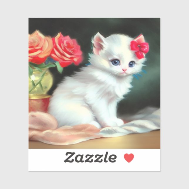 Vintage White Kitten Illustration mit roten Blume Aufkleber (Blatt)
