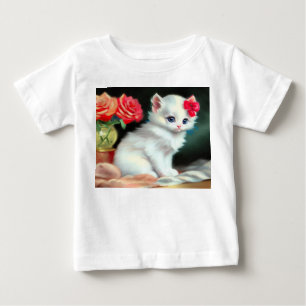 Vintage White Kitten Illustration mit roten Blume Baby T-shirt