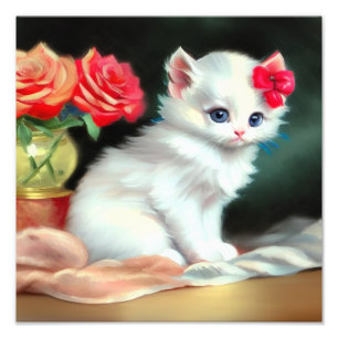Vintage White Kitten Illustration mit roten Blume Fotodruck